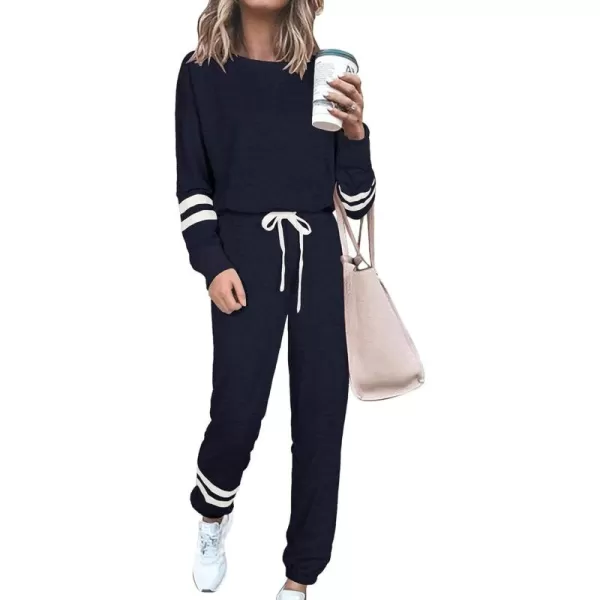 PRETTYGARDEN Womens Tie Dye Two Piece Pajamas Set Casual Long Sleeve Sweatshirt with Long Pants LoungewearStriped Navy