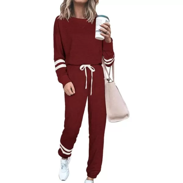 PRETTYGARDEN Womens Tie Dye Two Piece Pajamas Set Casual Long Sleeve Sweatshirt with Long Pants LoungewearStriped Wine Red