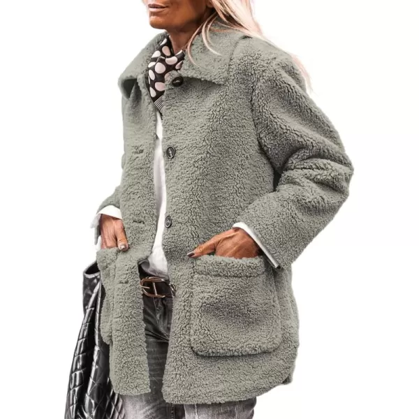 PRETTYGARDEN Womens Winter Faux Fur Coats Long Sleeve Lapel Button Down Pockets Fleece Sherpa Jacket Casual Trendy OuterwearGrey