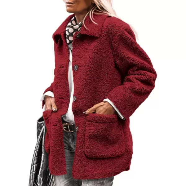 PRETTYGARDEN Womens Winter Faux Fur Coats Long Sleeve Lapel Button Down Pockets Fleece Sherpa Jacket Casual Trendy OuterwearJujube Red