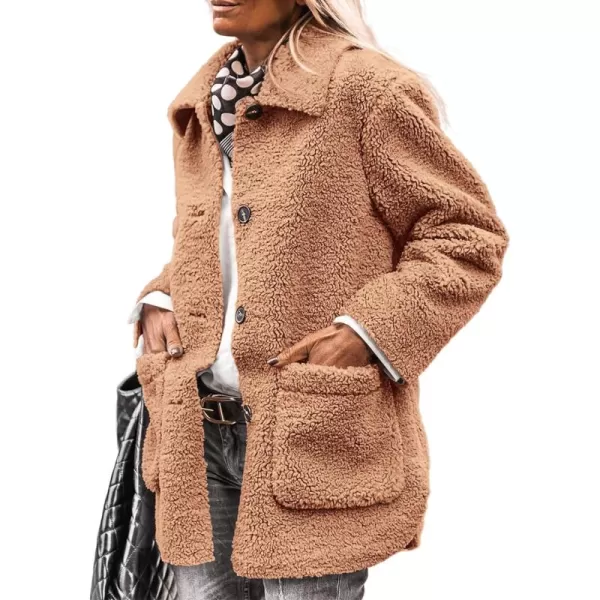 PRETTYGARDEN Womens Winter Faux Fur Coats Long Sleeve Lapel Button Down Pockets Fleece Sherpa Jacket Casual Trendy OuterwearKhaki