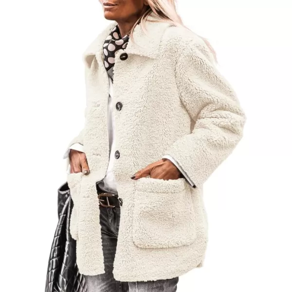 PRETTYGARDEN Womens Winter Faux Fur Coats Long Sleeve Lapel Button Down Pockets Fleece Sherpa Jacket Casual Trendy OuterwearWhite