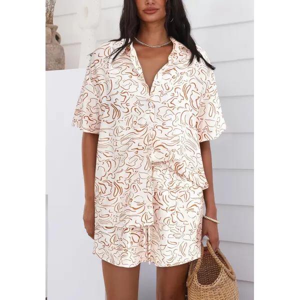 PRETTYGARDEN Women Summer 2 Piece Beach Outfits Printed Short Sleeve Tops Lounge Shorts Casual Tracksuit SetBeige