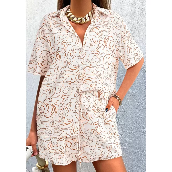 PRETTYGARDEN Women Summer 2 Piece Beach Outfits Printed Short Sleeve Tops Lounge Shorts Casual Tracksuit SetBeige