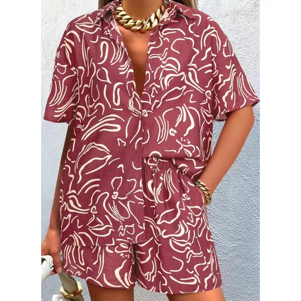 PRETTYGARDEN Women Summer 2 Piece Beach Outfits Printed Short Sleeve Tops Lounge Shorts Casual Tracksuit SetBrown Red
