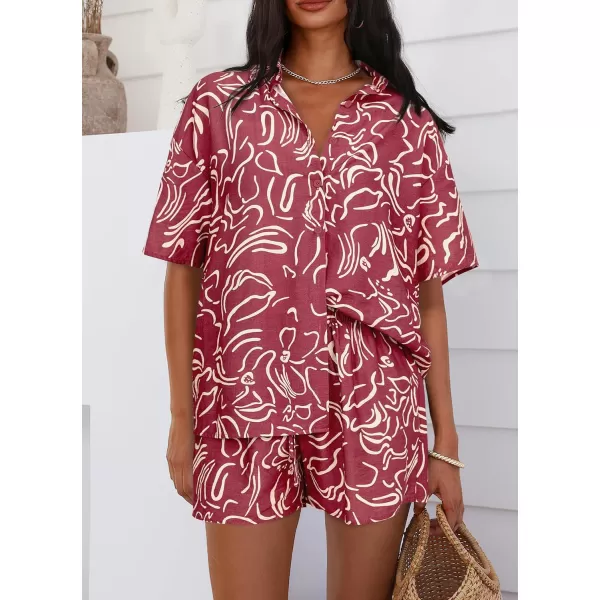 PRETTYGARDEN Women Summer 2 Piece Beach Outfits Printed Short Sleeve Tops Lounge Shorts Casual Tracksuit SetBrown Red