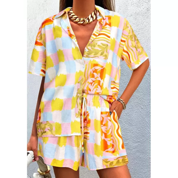 PRETTYGARDEN Women Summer 2 Piece Beach Outfits Printed Short Sleeve Tops Lounge Shorts Casual Tracksuit SetMulti Print