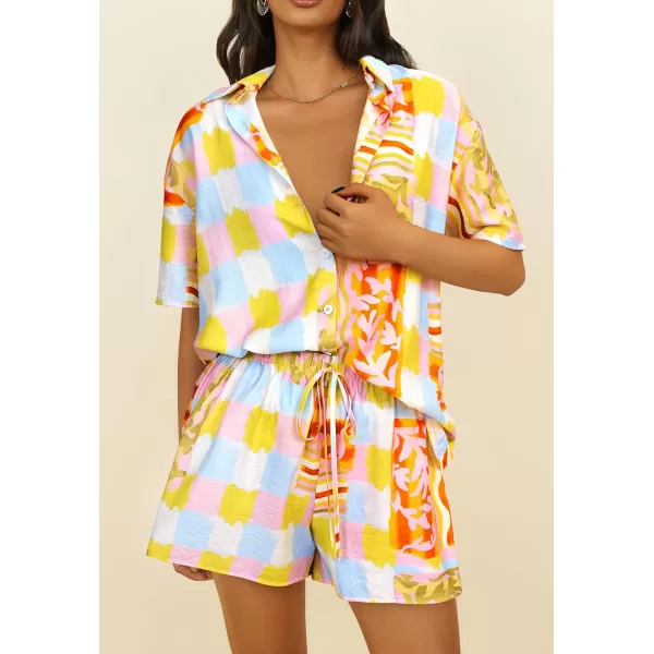 PRETTYGARDEN Women Summer 2 Piece Beach Outfits Printed Short Sleeve Tops Lounge Shorts Casual Tracksuit SetMulti Print