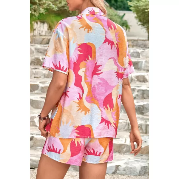 PRETTYGARDEN Women Summer 2 Piece Beach Outfits Printed Short Sleeve Tops Lounge Shorts Casual Tracksuit SetPink