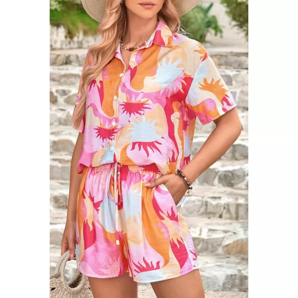 PRETTYGARDEN Women Summer 2 Piece Beach Outfits Printed Short Sleeve Tops Lounge Shorts Casual Tracksuit SetPink