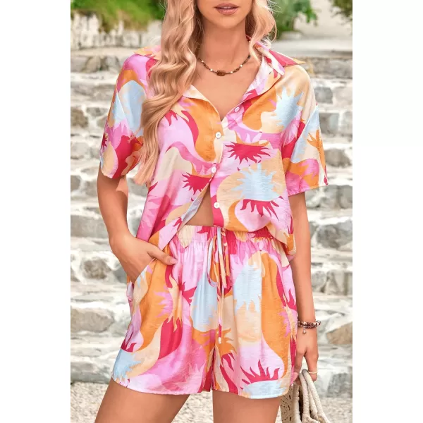 PRETTYGARDEN Women Summer 2 Piece Beach Outfits Printed Short Sleeve Tops Lounge Shorts Casual Tracksuit SetPink