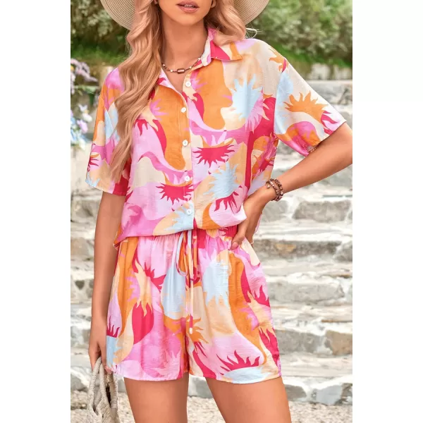 PRETTYGARDEN Women Summer 2 Piece Beach Outfits Printed Short Sleeve Tops Lounge Shorts Casual Tracksuit SetPink