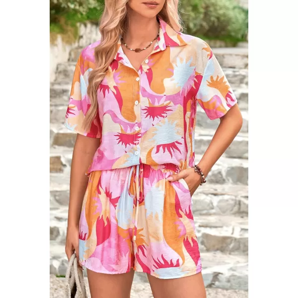 PRETTYGARDEN Women Summer 2 Piece Beach Outfits Printed Short Sleeve Tops Lounge Shorts Casual Tracksuit SetPink