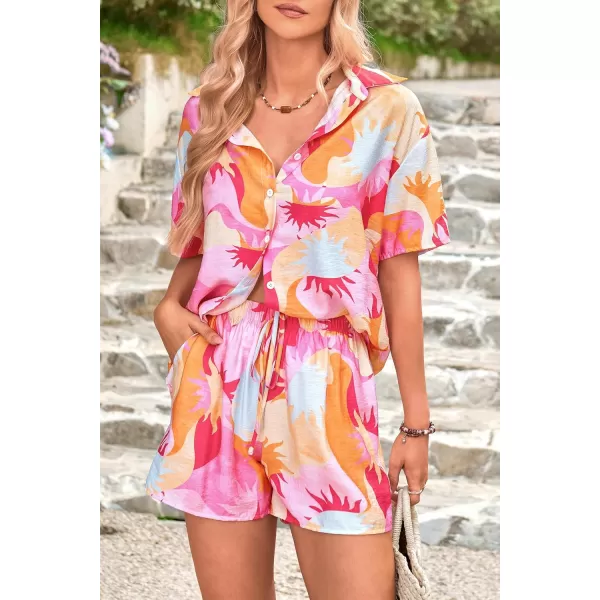 PRETTYGARDEN Women Summer 2 Piece Beach Outfits Printed Short Sleeve Tops Lounge Shorts Casual Tracksuit SetPink