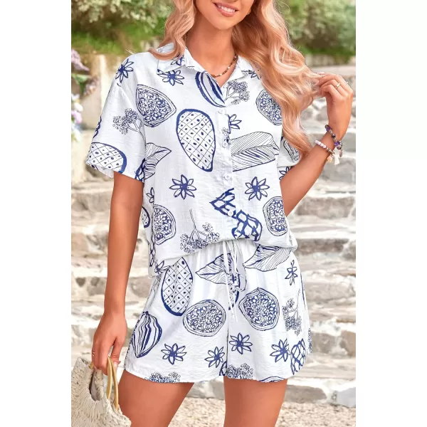PRETTYGARDEN Women Summer 2 Piece Beach Outfits Printed Short Sleeve Tops Lounge Shorts Casual Tracksuit SetWhite Blue