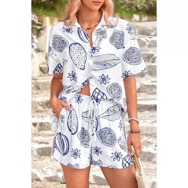 PRETTYGARDEN Women Summer 2 Piece Beach Outfits Printed Short Sleeve Tops Lounge Shorts Casual Tracksuit SetWhite Blue