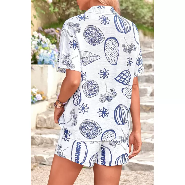 PRETTYGARDEN Women Summer 2 Piece Beach Outfits Printed Short Sleeve Tops Lounge Shorts Casual Tracksuit SetWhite Blue