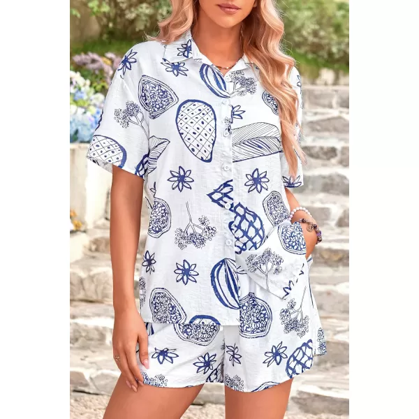 PRETTYGARDEN Women Summer 2 Piece Beach Outfits Printed Short Sleeve Tops Lounge Shorts Casual Tracksuit SetWhite Blue