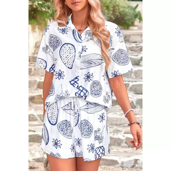 PRETTYGARDEN Women Summer 2 Piece Beach Outfits Printed Short Sleeve Tops Lounge Shorts Casual Tracksuit SetWhite Blue
