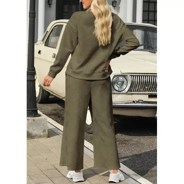 PRETTYGARDEN Womens 2 Piece Outfits Fall Casual Long Sleeve Pullover Tops and Wide Leg Pants Knitted Lounge SetsArmy Green