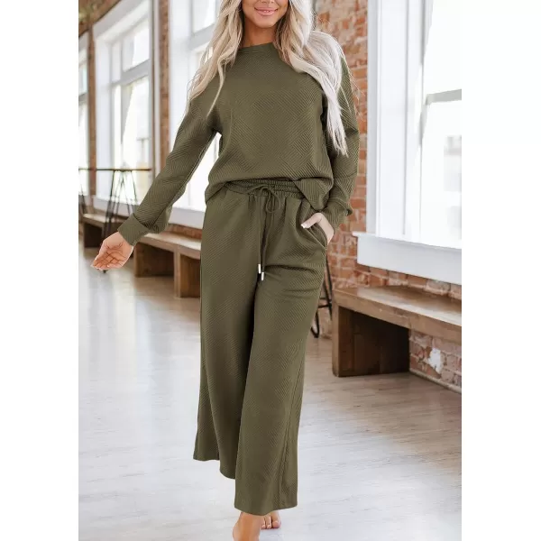 PRETTYGARDEN Womens 2 Piece Outfits Fall Casual Long Sleeve Pullover Tops and Wide Leg Pants Knitted Lounge SetsArmy Green