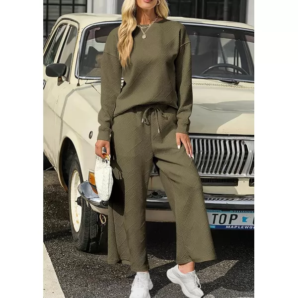 PRETTYGARDEN Womens 2 Piece Outfits Fall Casual Long Sleeve Pullover Tops and Wide Leg Pants Knitted Lounge SetsArmy Green