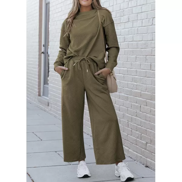 PRETTYGARDEN Womens 2 Piece Outfits Fall Casual Long Sleeve Pullover Tops and Wide Leg Pants Knitted Lounge SetsArmy Green