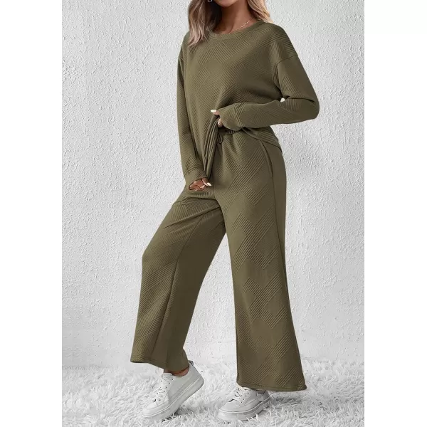 PRETTYGARDEN Womens 2 Piece Outfits Fall Casual Long Sleeve Pullover Tops and Wide Leg Pants Knitted Lounge SetsArmy Green