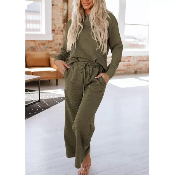 PRETTYGARDEN Womens 2 Piece Outfits Fall Casual Long Sleeve Pullover Tops and Wide Leg Pants Knitted Lounge SetsArmy Green