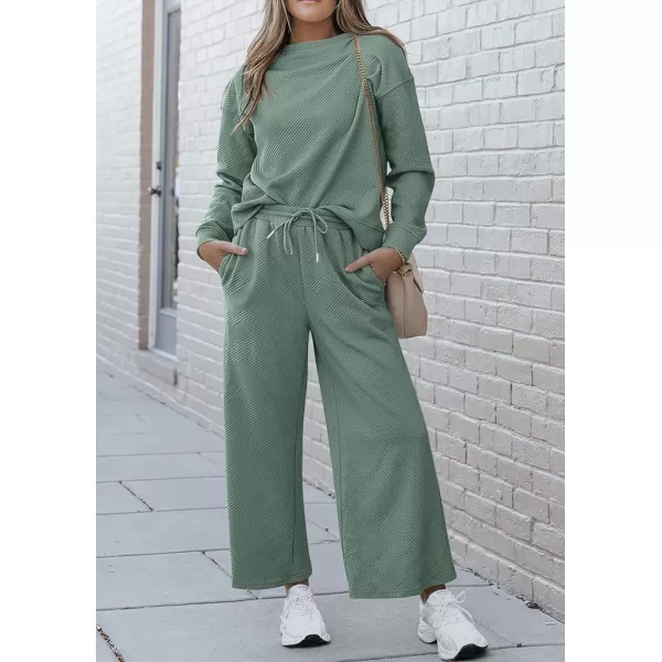 PRETTYGARDEN Womens 2 Piece Outfits Fall Casual Long Sleeve Pullover Tops and Wide Leg Pants Knitted Lounge SetsBean Green