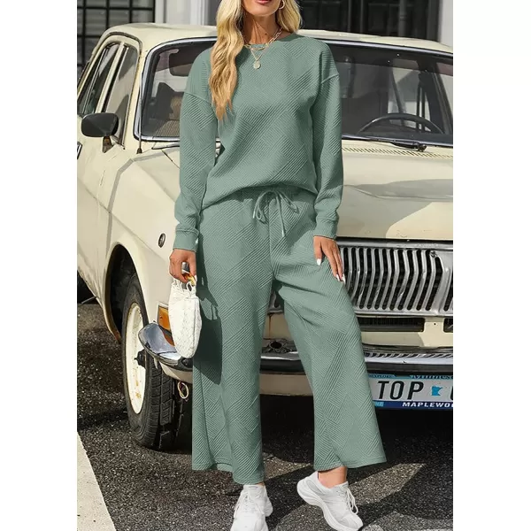 PRETTYGARDEN Womens 2 Piece Outfits Fall Casual Long Sleeve Pullover Tops and Wide Leg Pants Knitted Lounge SetsBean Green