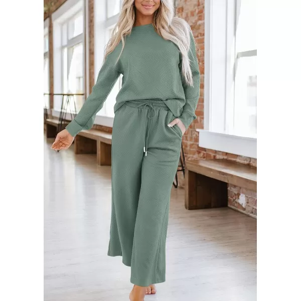 PRETTYGARDEN Womens 2 Piece Outfits Fall Casual Long Sleeve Pullover Tops and Wide Leg Pants Knitted Lounge SetsBean Green
