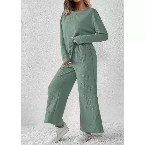 PRETTYGARDEN Womens 2 Piece Outfits Fall Casual Long Sleeve Pullover Tops and Wide Leg Pants Knitted Lounge SetsBean Green
