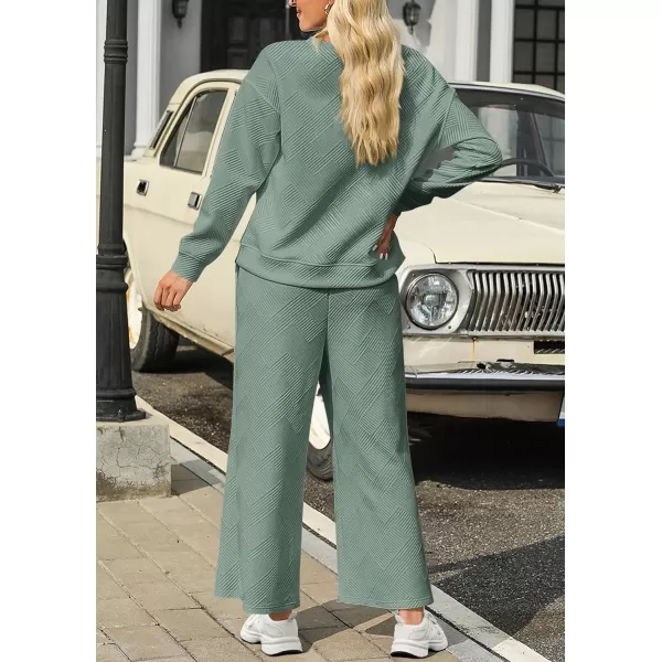 PRETTYGARDEN Womens 2 Piece Outfits Fall Casual Long Sleeve Pullover Tops and Wide Leg Pants Knitted Lounge SetsBean Green