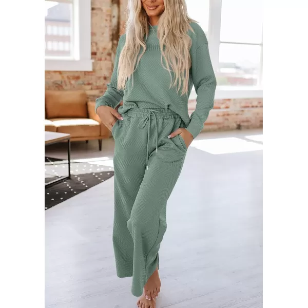 PRETTYGARDEN Womens 2 Piece Outfits Fall Casual Long Sleeve Pullover Tops and Wide Leg Pants Knitted Lounge SetsBean Green