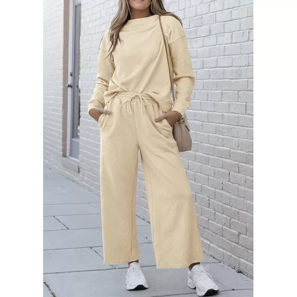 PRETTYGARDEN Womens 2 Piece Outfits Fall Casual Long Sleeve Pullover Tops and Wide Leg Pants Knitted Lounge SetsBeige