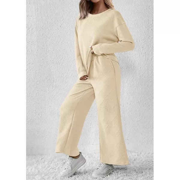 PRETTYGARDEN Womens 2 Piece Outfits Fall Casual Long Sleeve Pullover Tops and Wide Leg Pants Knitted Lounge SetsBeige