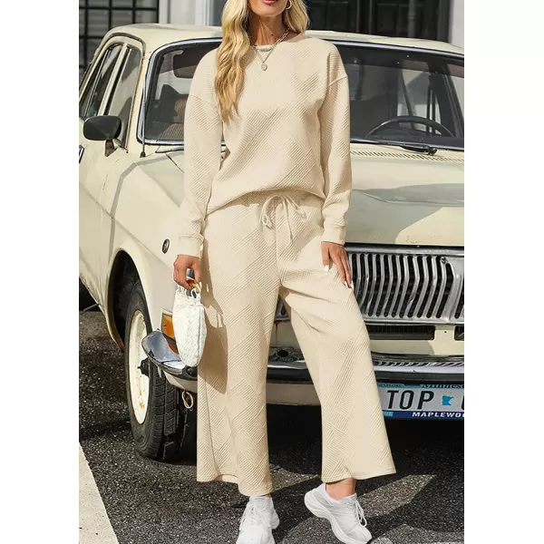 PRETTYGARDEN Womens 2 Piece Outfits Fall Casual Long Sleeve Pullover Tops and Wide Leg Pants Knitted Lounge SetsBeige