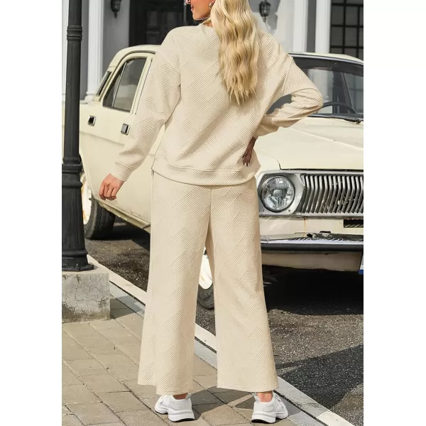 PRETTYGARDEN Womens 2 Piece Outfits Fall Casual Long Sleeve Pullover Tops and Wide Leg Pants Knitted Lounge SetsBeige