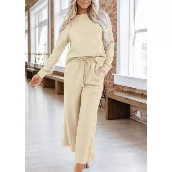 PRETTYGARDEN Womens 2 Piece Outfits Fall Casual Long Sleeve Pullover Tops and Wide Leg Pants Knitted Lounge SetsBeige