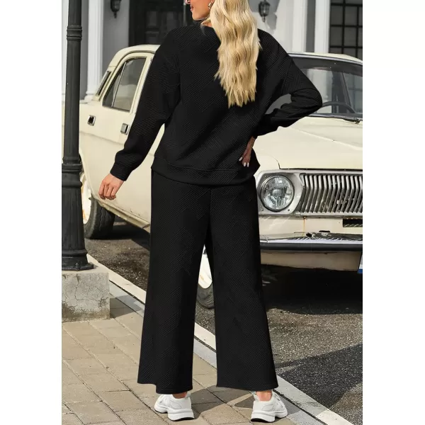PRETTYGARDEN Womens 2 Piece Outfits Fall Casual Long Sleeve Pullover Tops and Wide Leg Pants Knitted Lounge SetsBlack