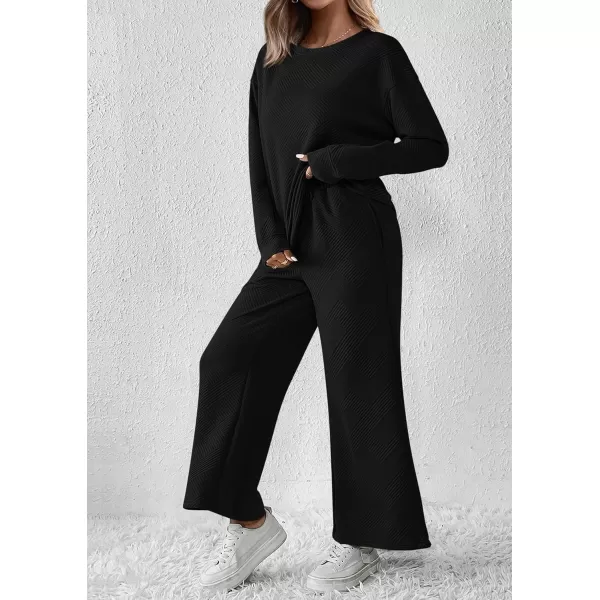 PRETTYGARDEN Womens 2 Piece Outfits Fall Casual Long Sleeve Pullover Tops and Wide Leg Pants Knitted Lounge SetsBlack