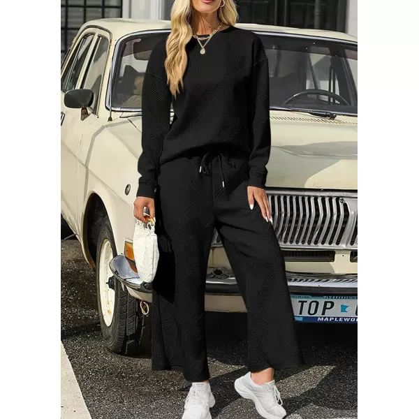 PRETTYGARDEN Womens 2 Piece Outfits Fall Casual Long Sleeve Pullover Tops and Wide Leg Pants Knitted Lounge SetsBlack