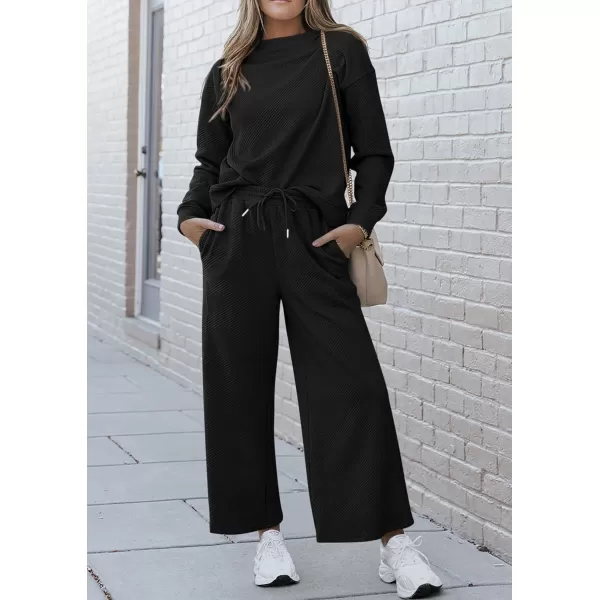 PRETTYGARDEN Womens 2 Piece Outfits Fall Casual Long Sleeve Pullover Tops and Wide Leg Pants Knitted Lounge SetsBlack