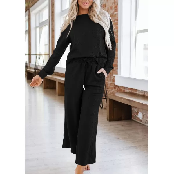 PRETTYGARDEN Womens 2 Piece Outfits Fall Casual Long Sleeve Pullover Tops and Wide Leg Pants Knitted Lounge SetsBlack