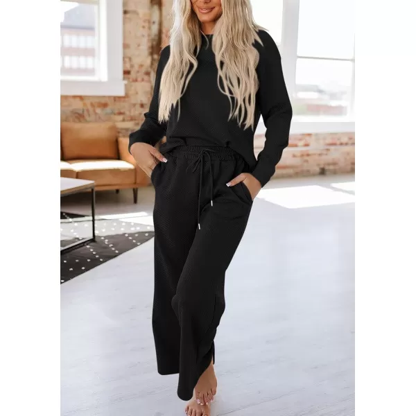 PRETTYGARDEN Womens 2 Piece Outfits Fall Casual Long Sleeve Pullover Tops and Wide Leg Pants Knitted Lounge SetsBlack