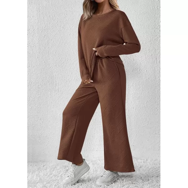 PRETTYGARDEN Womens 2 Piece Outfits Fall Casual Long Sleeve Pullover Tops and Wide Leg Pants Knitted Lounge SetsBrown
