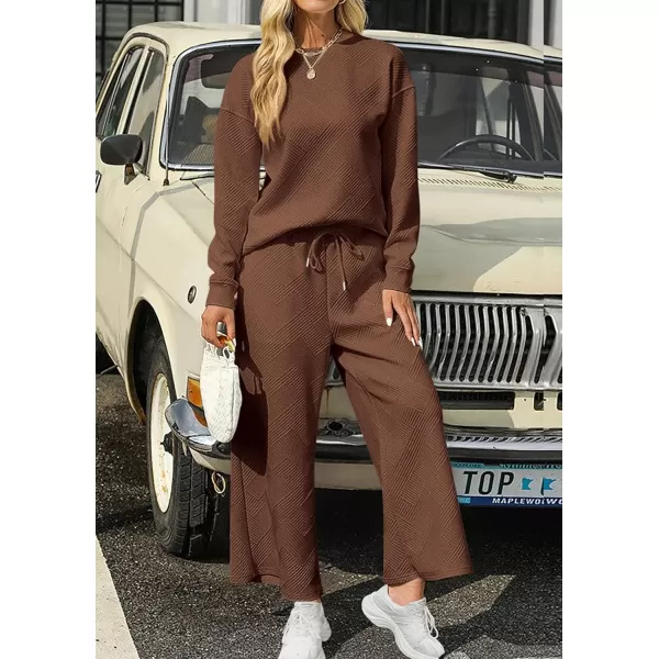 PRETTYGARDEN Womens 2 Piece Outfits Fall Casual Long Sleeve Pullover Tops and Wide Leg Pants Knitted Lounge SetsBrown