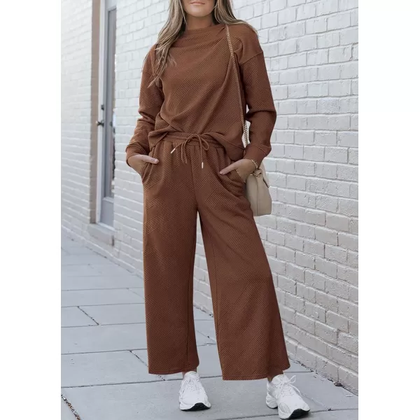 PRETTYGARDEN Womens 2 Piece Outfits Fall Casual Long Sleeve Pullover Tops and Wide Leg Pants Knitted Lounge SetsBrown
