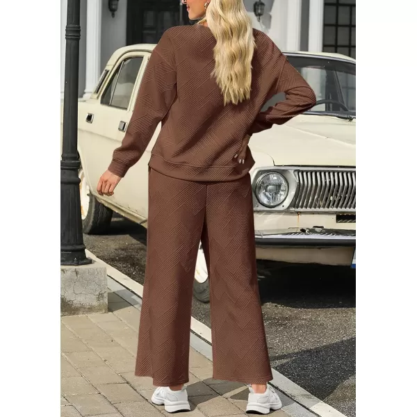 PRETTYGARDEN Womens 2 Piece Outfits Fall Casual Long Sleeve Pullover Tops and Wide Leg Pants Knitted Lounge SetsBrown